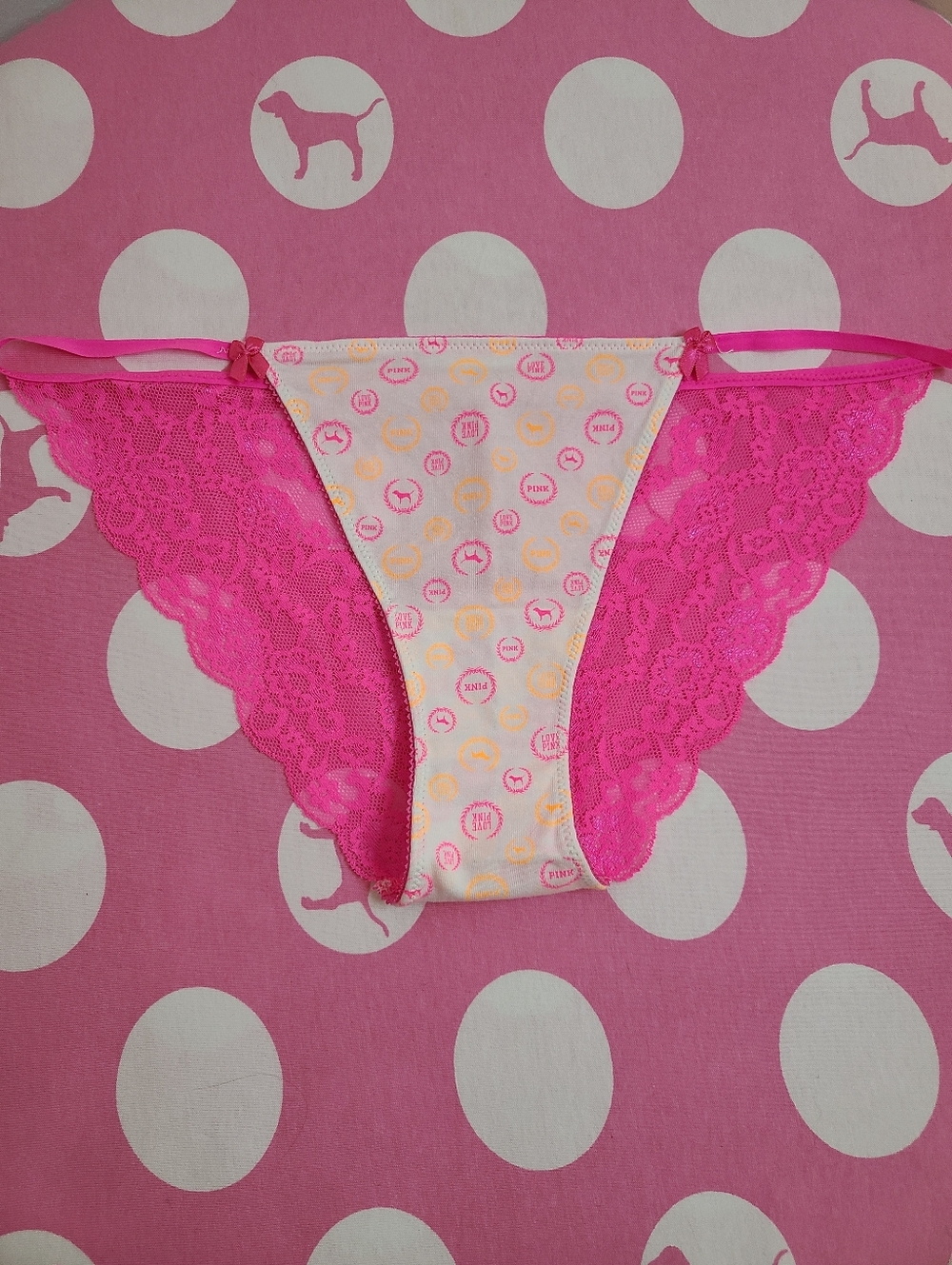 New VTG VS PINK Classic Cotton Low Rise Lace Back String Bikini Panty Size Lg